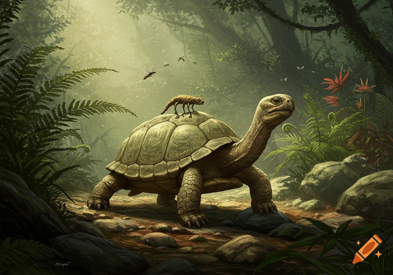 A large tortoise with a small lizard-like creature on its shell walks through a lush, sunlit jungle. Several insects fly overhead.