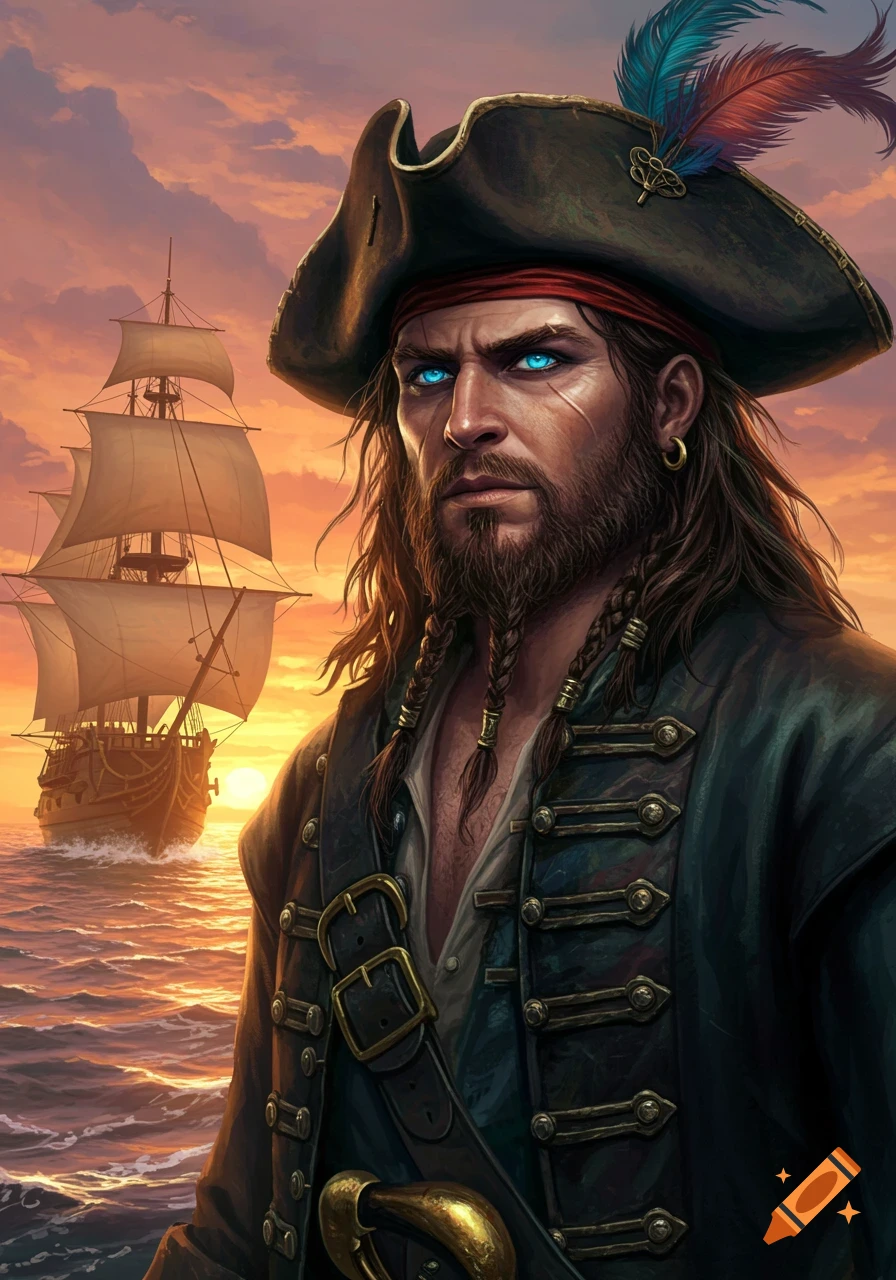 A rugged pirate with glowing blue eyes, long hair, and a beard stands before a ship at sunset in a painterly style.