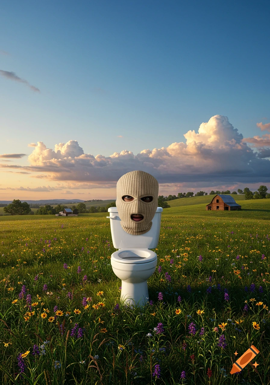 A white toilet wearing a beige ski mask stands in a green field with wildflowers under a sunset sky, with a barn in the distance. Photorealistic style.