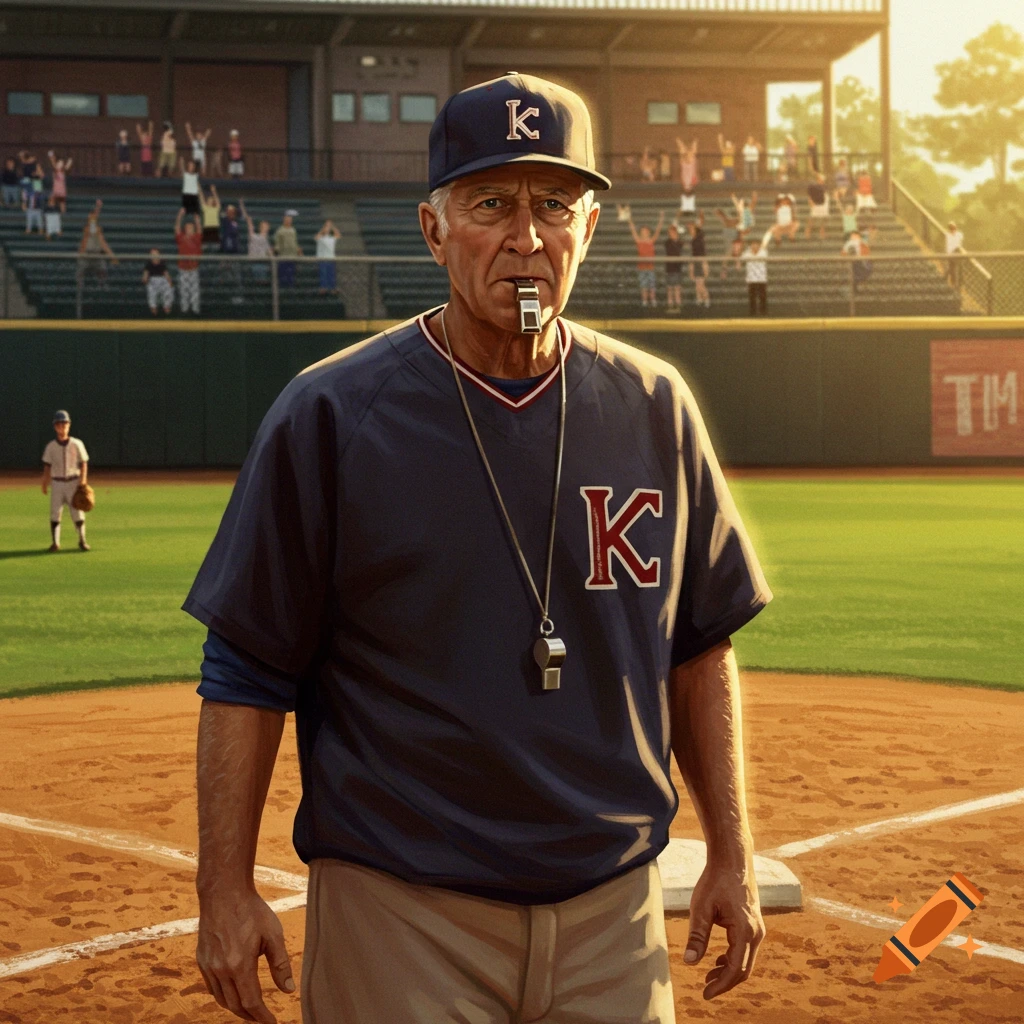 A baseball coach with a whistle around his neck stands on a baseball field in front of a stadium filled with spectators.
