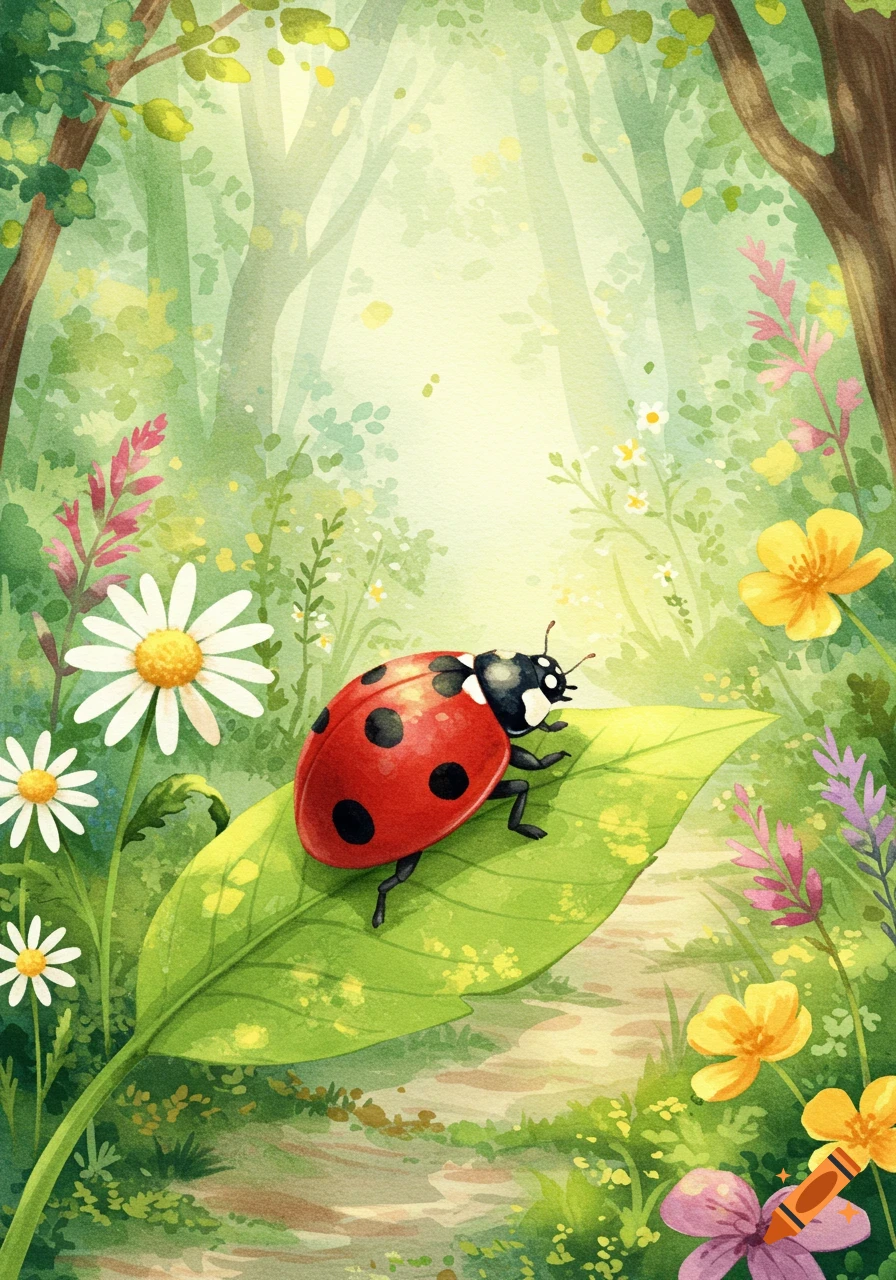 A vibrant red ladybug with black spots crawls on a green leaf in a lush watercolor forest scene with wildflowers and dappled sunlight.
