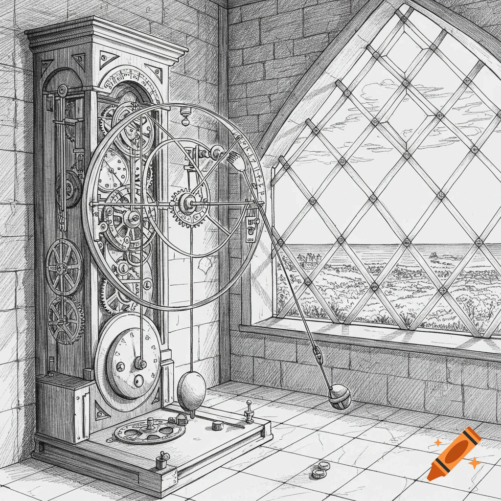 Greyscale line drawing of an intricate 18th-century astronomical pendulum clock with exposed gears and weights, set in a stone room with a large diamond-paned window overlooking a landscape and ocean.