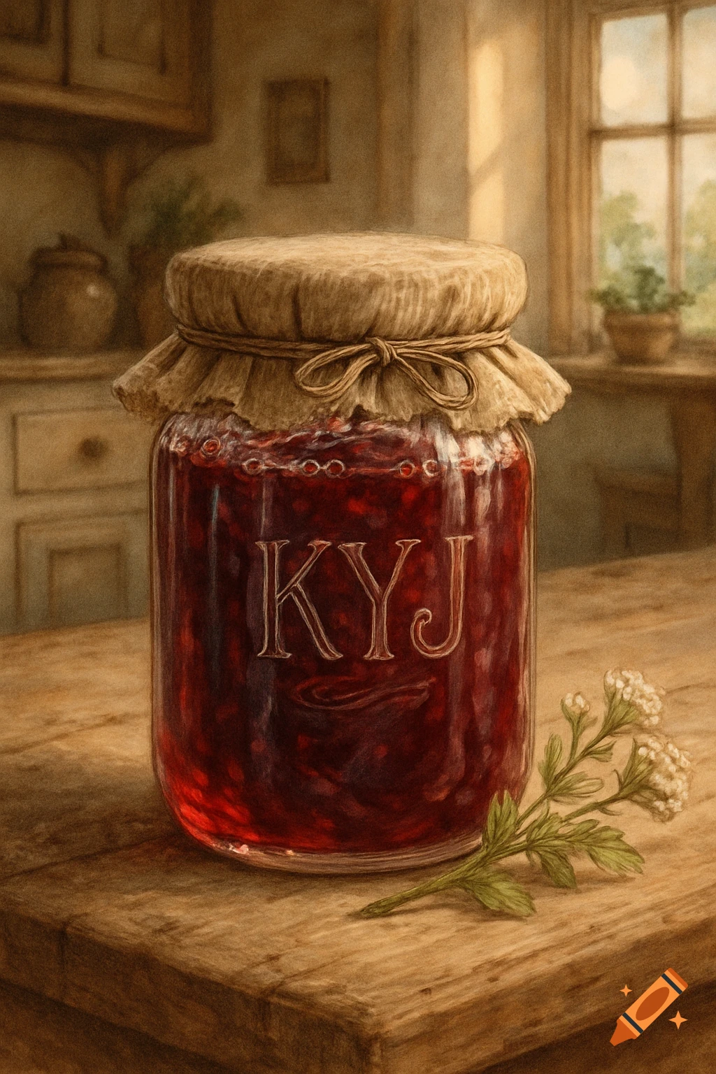 A jar of red jelly with 'KYJ' on it sits on a wooden table in a rustic kitchen.
