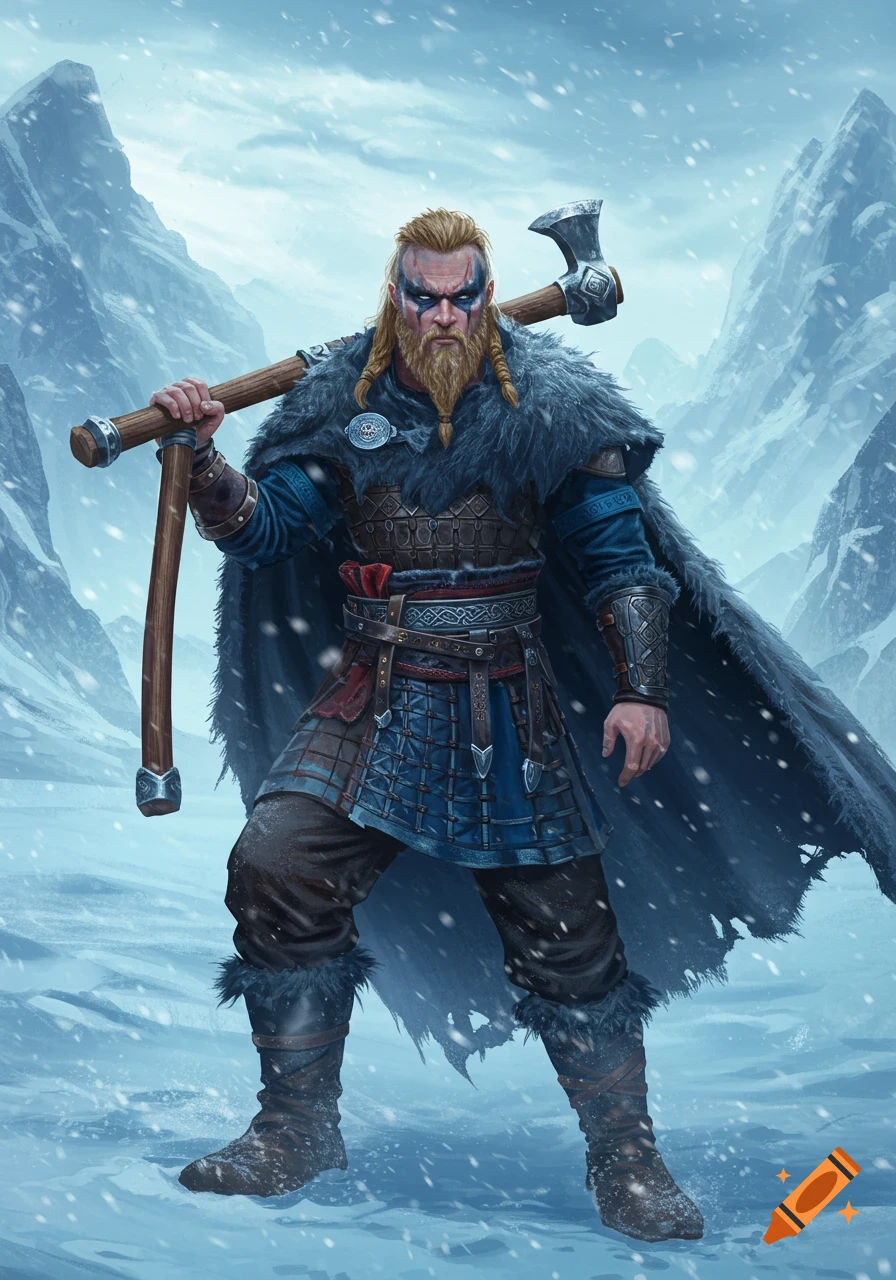 A fierce Viking warrior with a beard and an axe stands in a snowy mountain landscape.