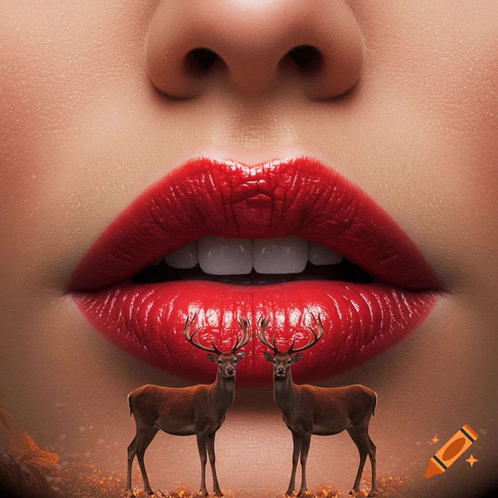 Close-up of vibrant red lips with two deer standing below, appearing to form part of the lower lip, in a surreal photorealistic style.
