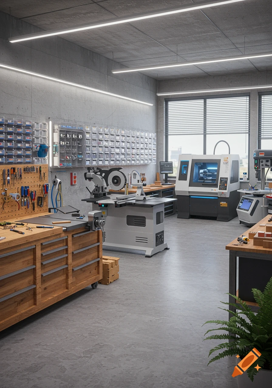 A modern, well-lit workshop with various machinery like a lathe, table saw, and 3D printer, ample tool storage, and a wooden workbench.