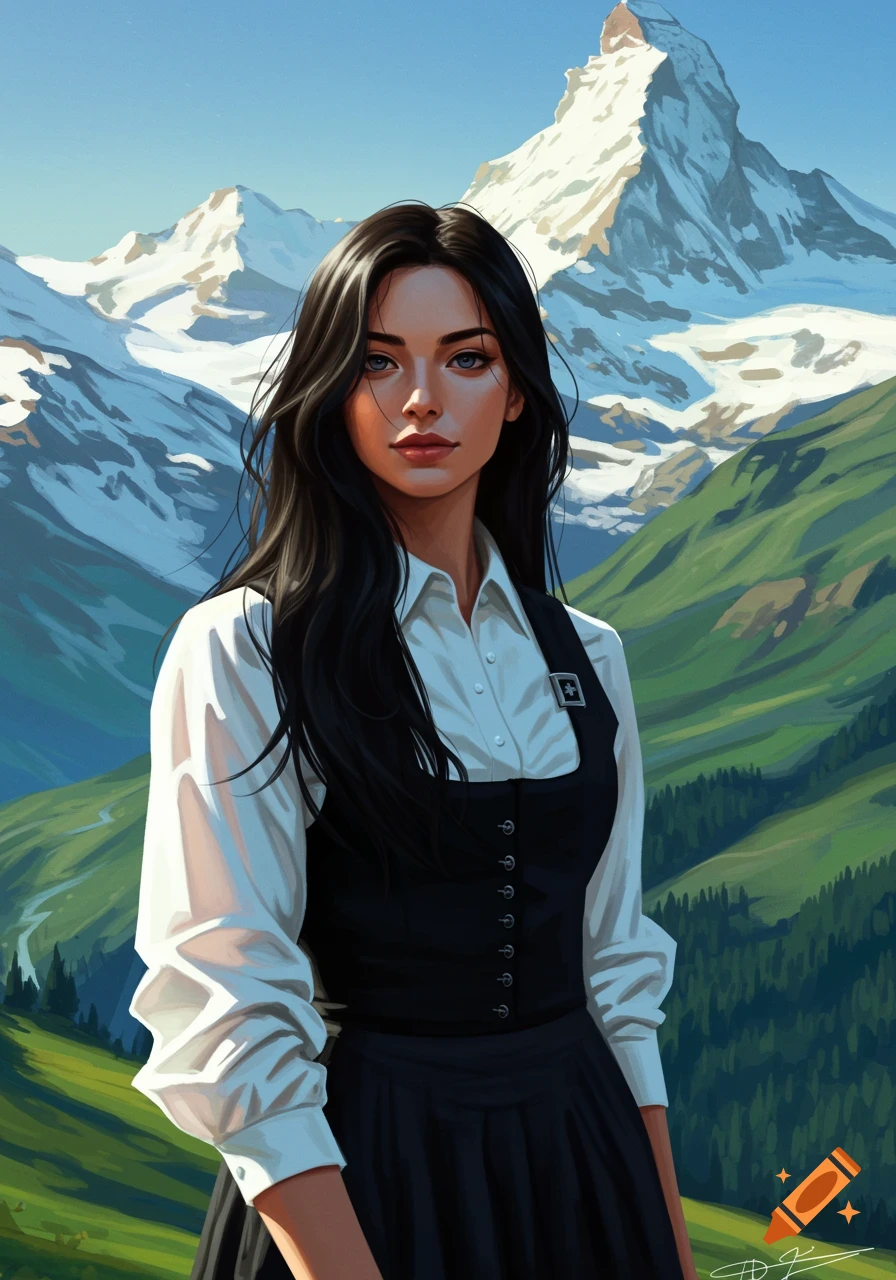A young woman with long dark hair stands in front of snowy mountains and green hills, in a digital painting style.