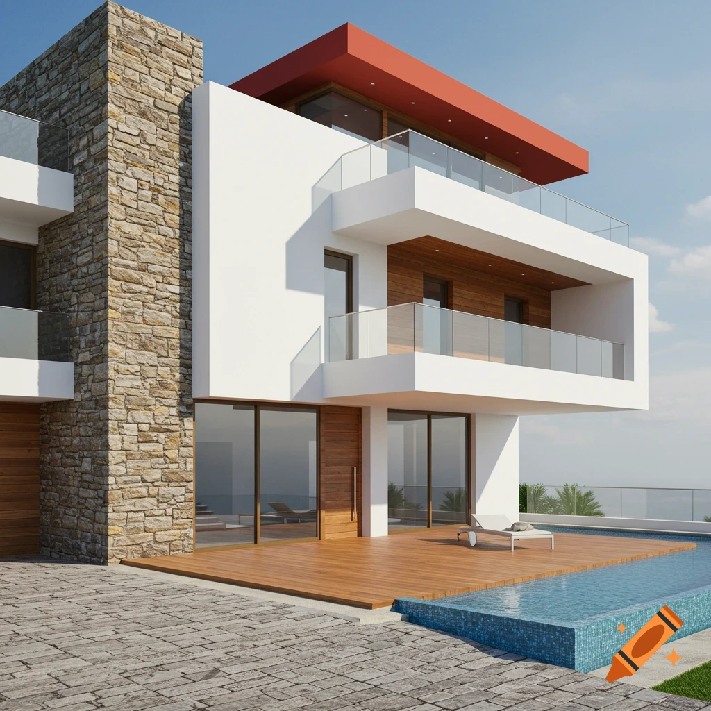Photorealistic modern house with white walls, stone facade, red roof, wooden deck, rectangular pool, and stone driveway.