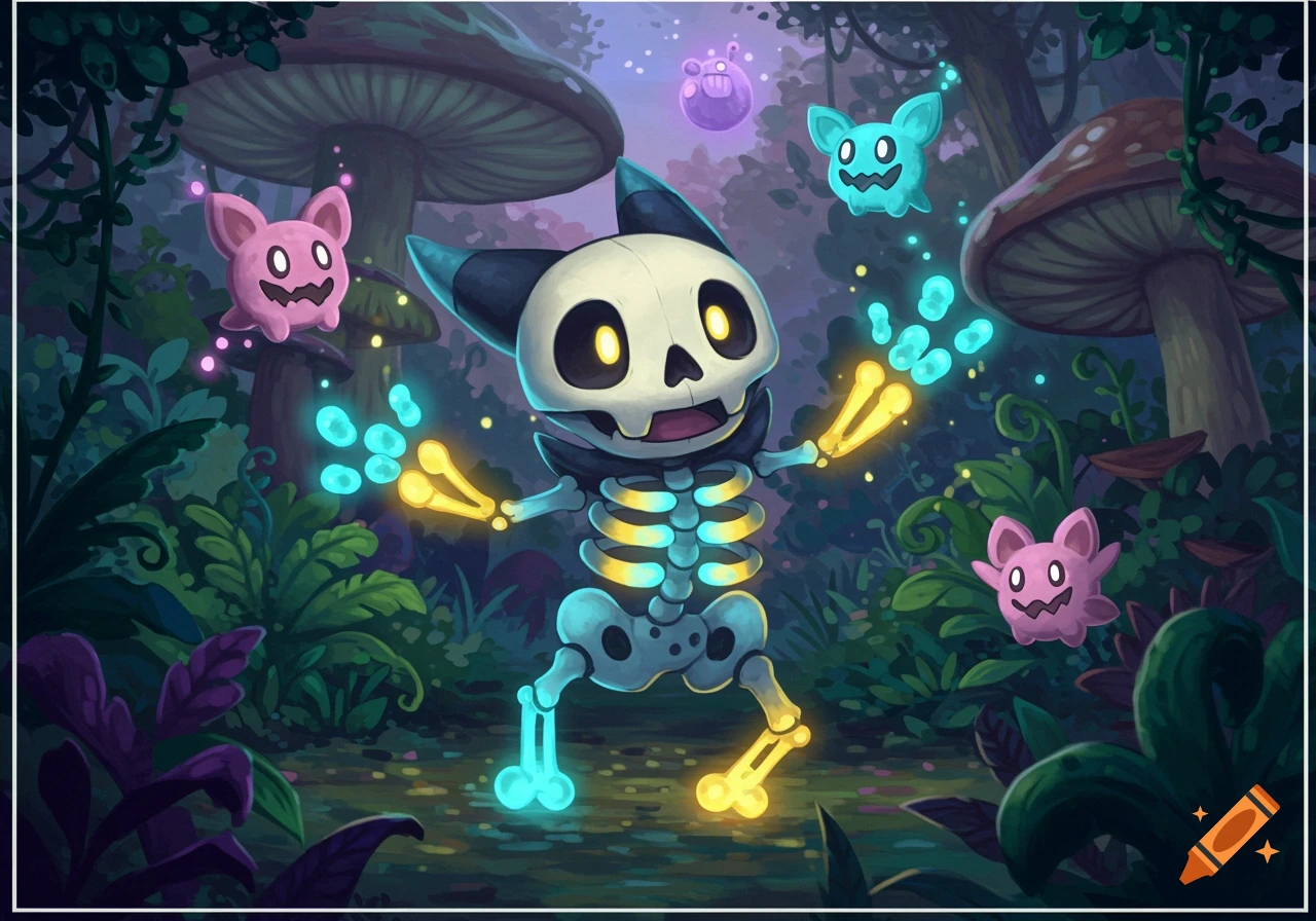 A glowing skeleton creature with large eyes stands in a dark, magical forest surrounded by floating pink and blue spirit creatures, in a vibrant Pokémon art style.