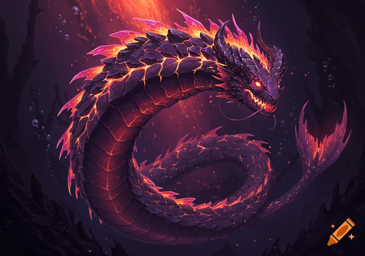 A dark, serpentine creature with glowing orange lava cracks and magenta fins, swimming in dark water.