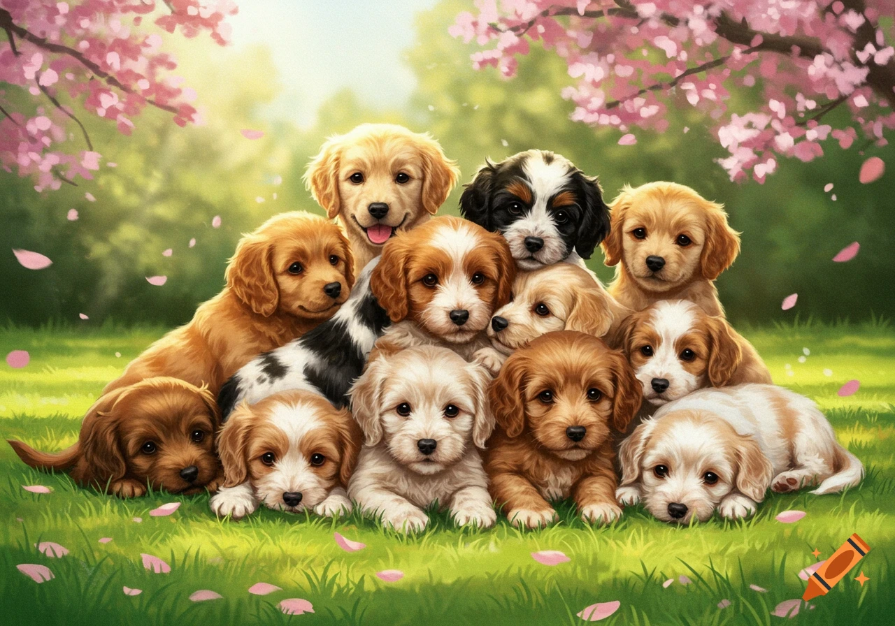 A large group of fluffy puppies of various colors, including golden retrievers, sitting and lying in green grass under a tree with pink blossoms.