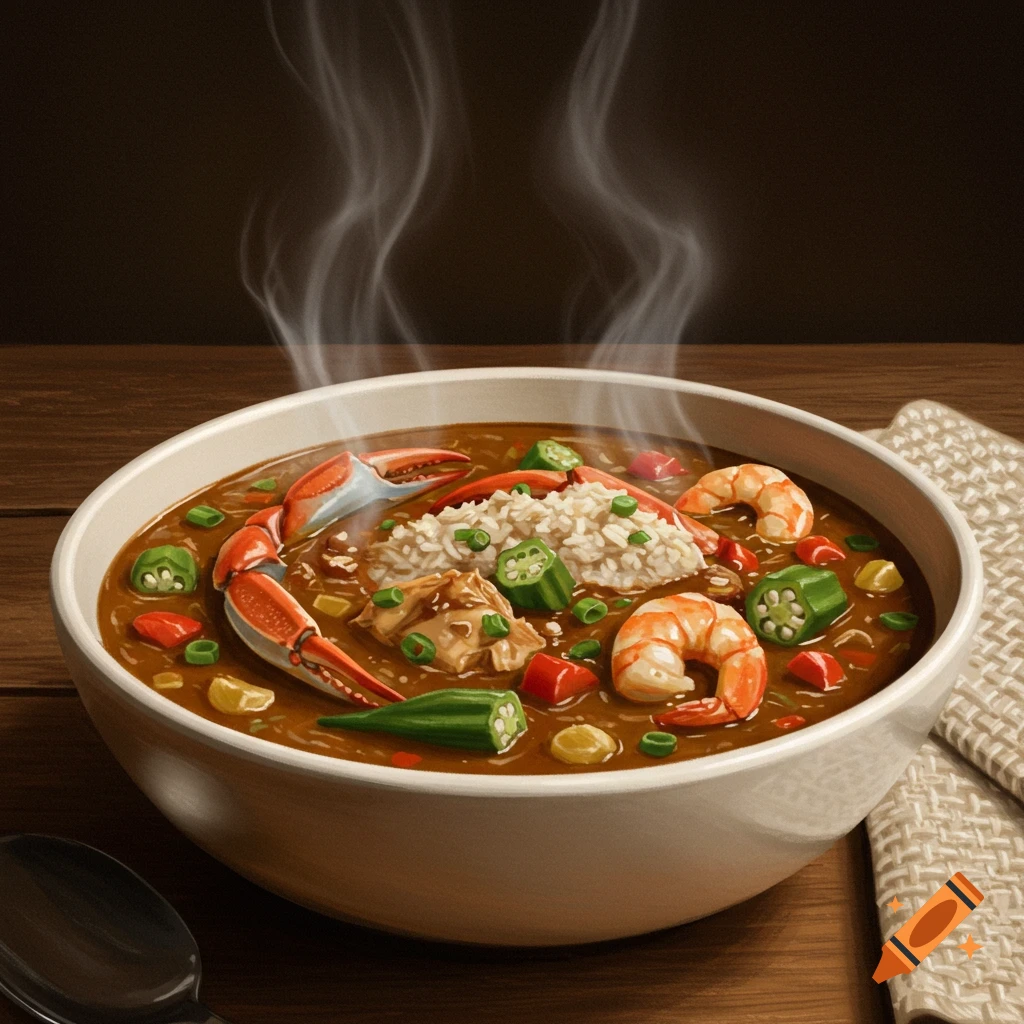 Steaming bowl of Louisiana gumbo with crab, shrimp, okra, and rice on a wooden table.