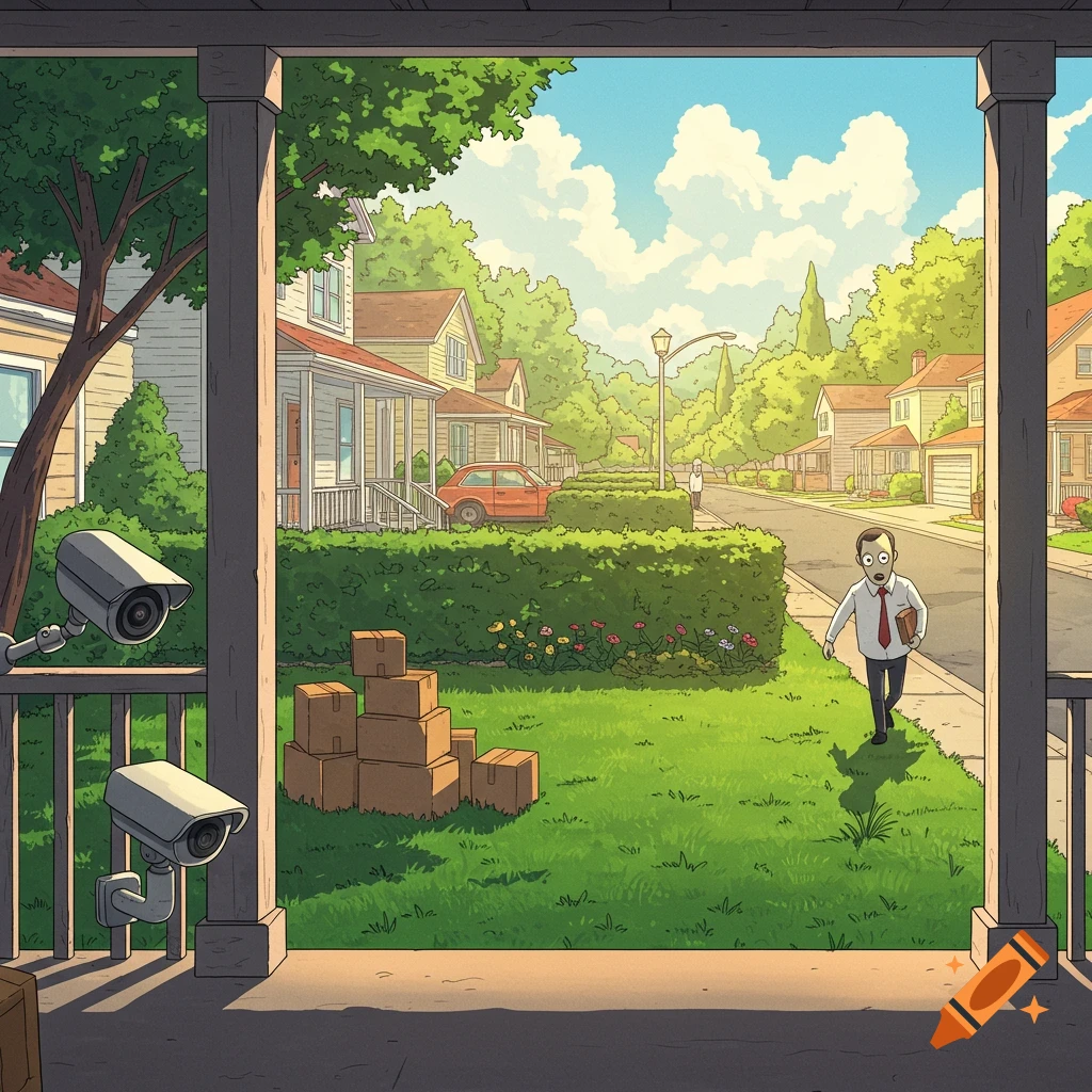 View from a porch overlooking a suburban street with houses, trees, and a man walking by. Packages are on the lawn near security cameras. Cartoon style.