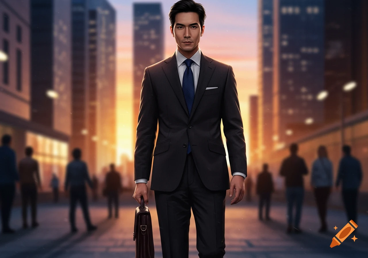 A photorealistic image of a man in a dark business suit holding a briefcase, standing in a blurred city street at sunset.