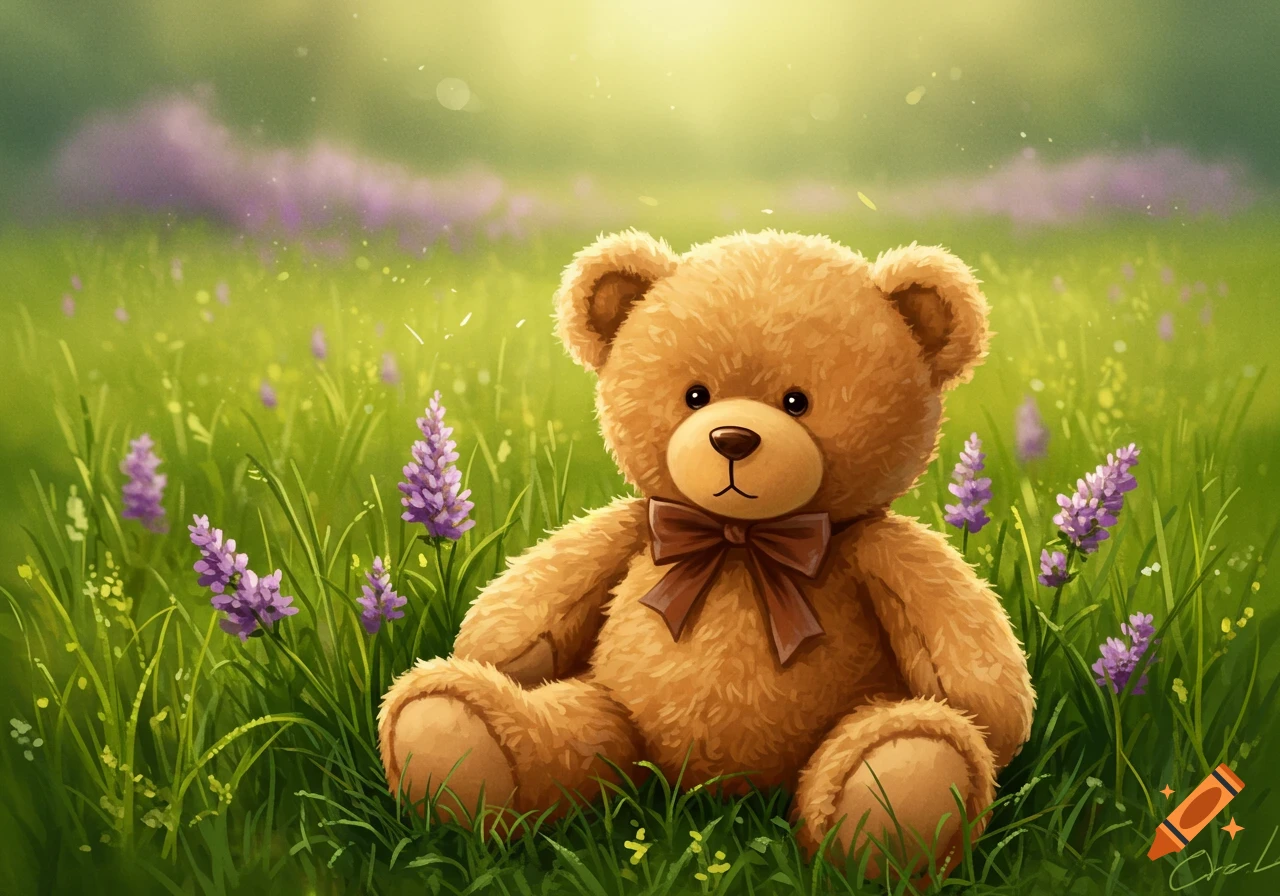 A brown teddy bear with a bow tie sits in a green field with purple flowers, illustrated style.