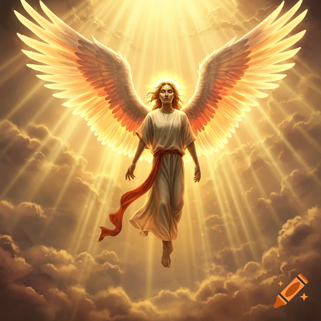 A radiant angel with large golden wings and a white robe with a red sash floats amidst golden clouds with bright sun rays.