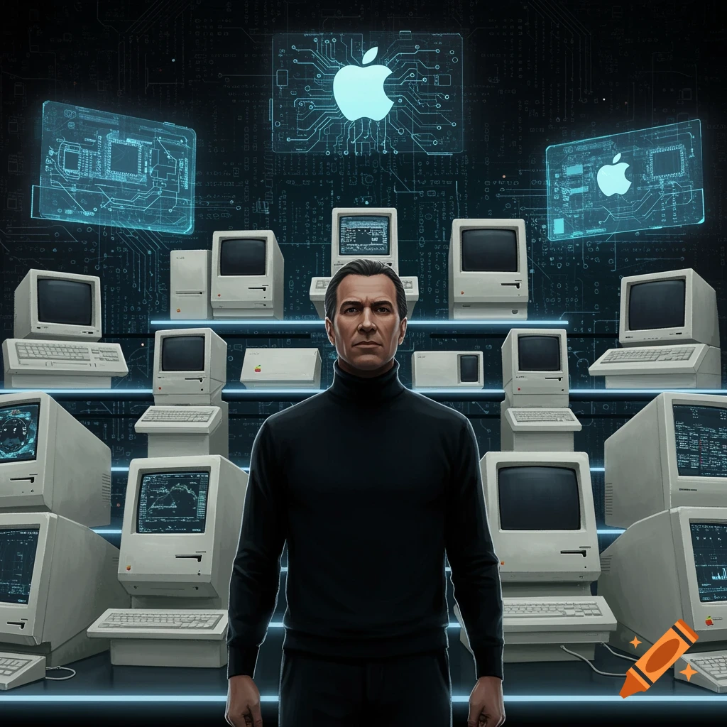 Photorealistic portrait of Steve Jobs surrounded by vintage Macintosh computers and glowing circuit board holograms.