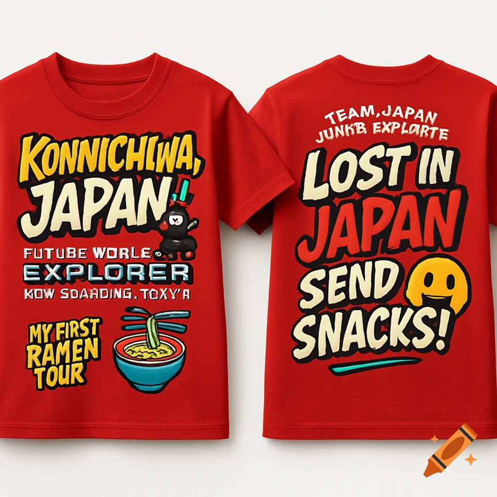 Two red t-shirts featuring cartoonish designs and text related to Japan, including a ninja character, a ramen bowl, and phrases like "Konnichiwa, Japan!" and "Lost in Japan Send Snacks!".