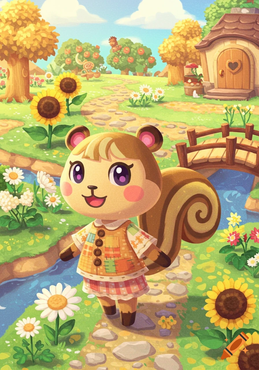 A happy Animal Crossing squirrel villager in a patchwork shirt walks on a stone path in a sunny, cartoon village with sunflowers, daisies, and a small bridge.