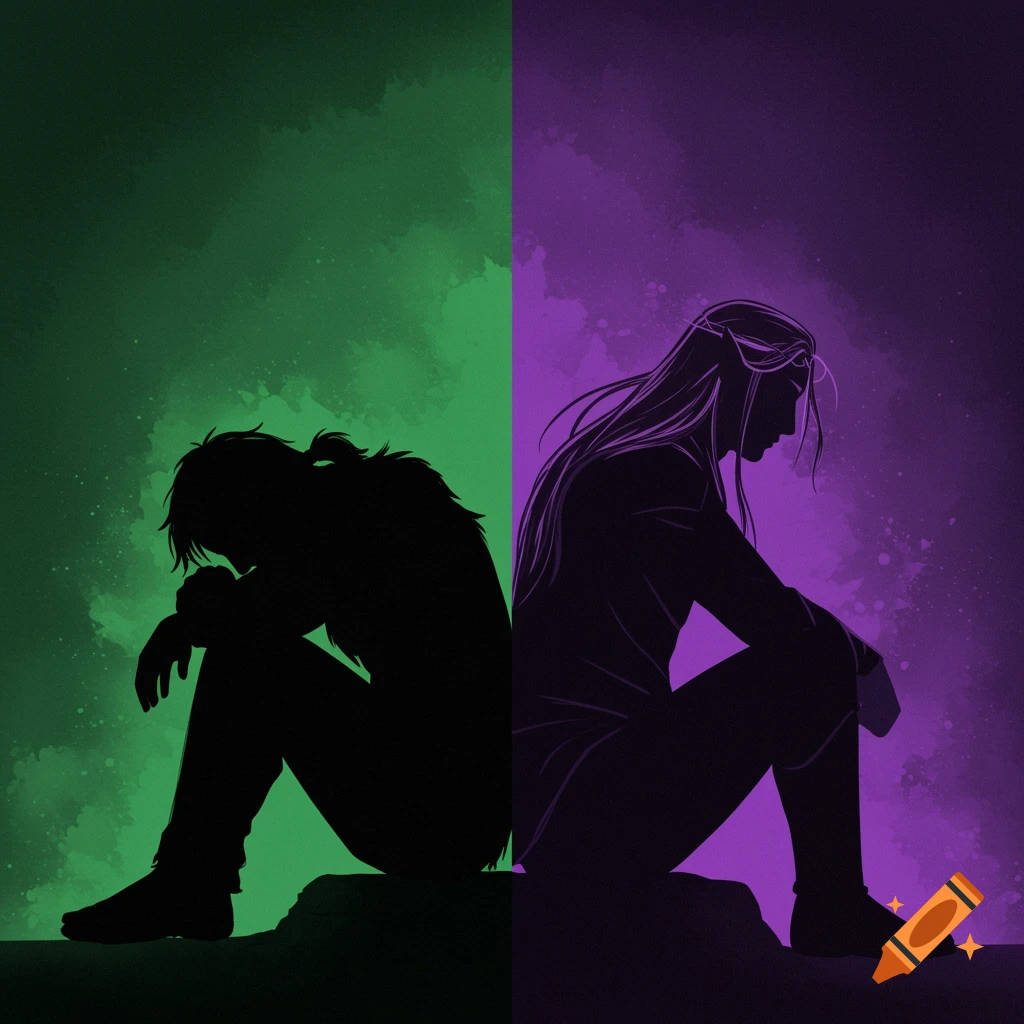 Two male silhouettes sit back-to-back on a split green and purple background, one sad and one pensive, in an illustrative style.