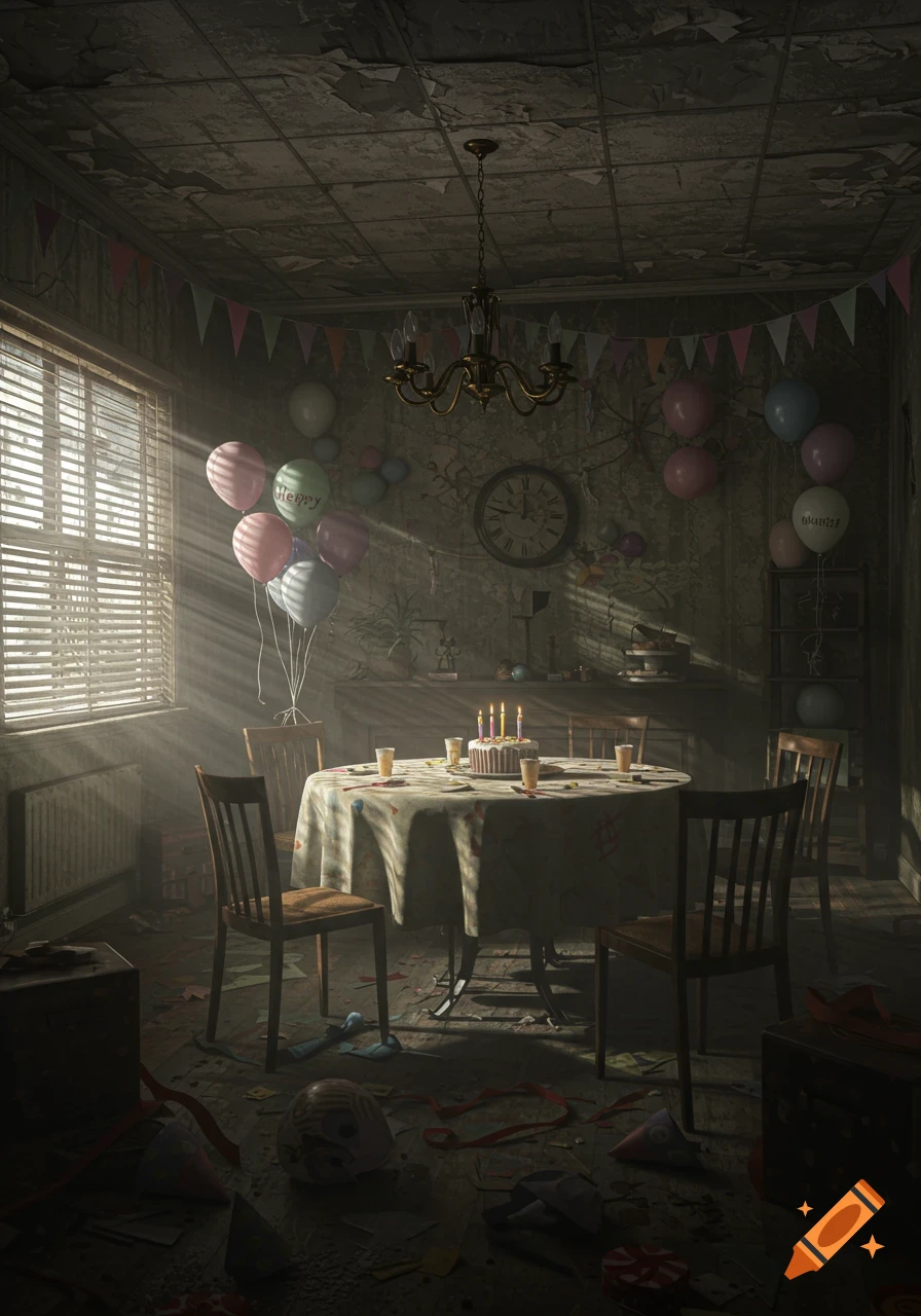 An eerie, abandoned birthday party room with peeling paint, balloons, a cake on a table, and sunlight streaming through blinds.