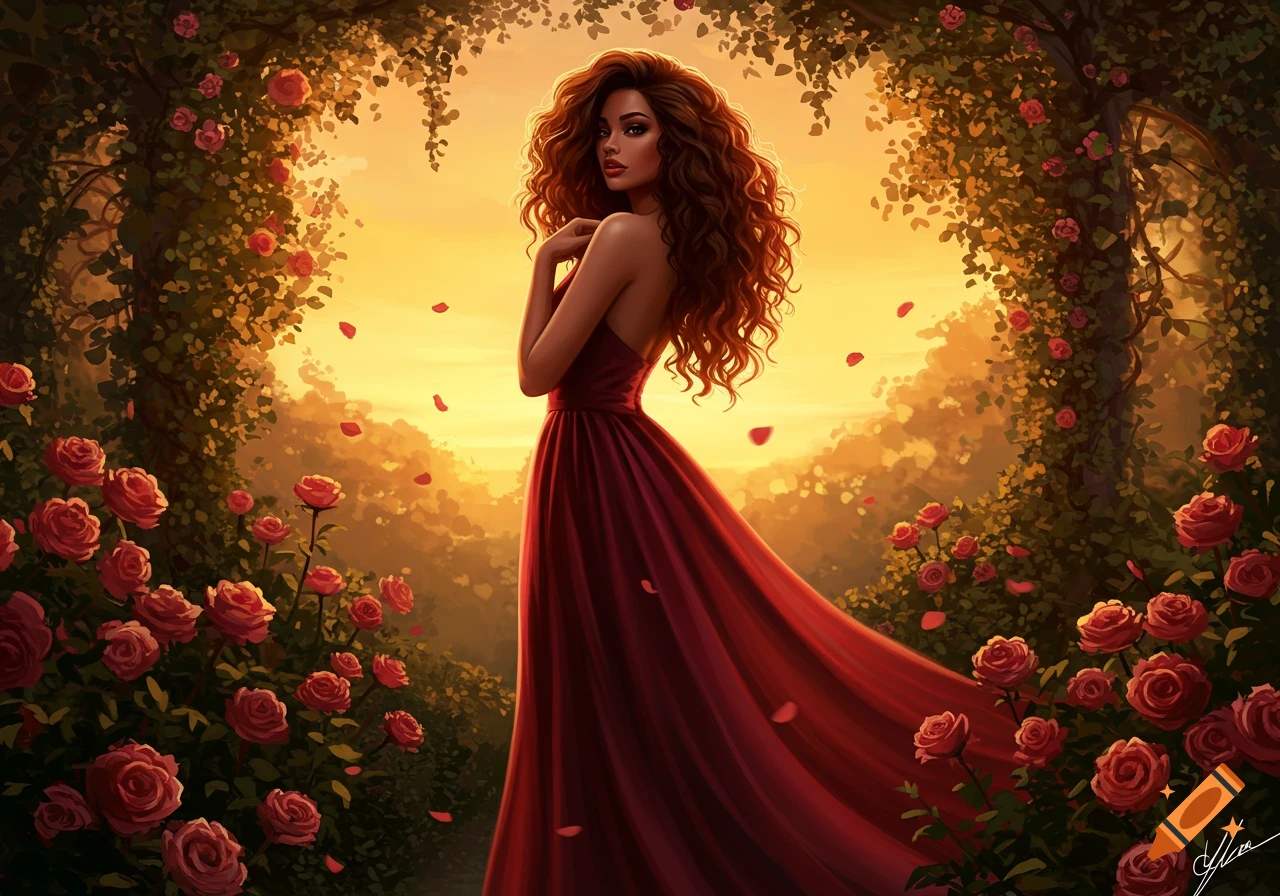 A beautiful woman with long, curly brown hair in a flowing red dress stands amidst a vibrant rose garden at sunset, looking back over her shoulder.