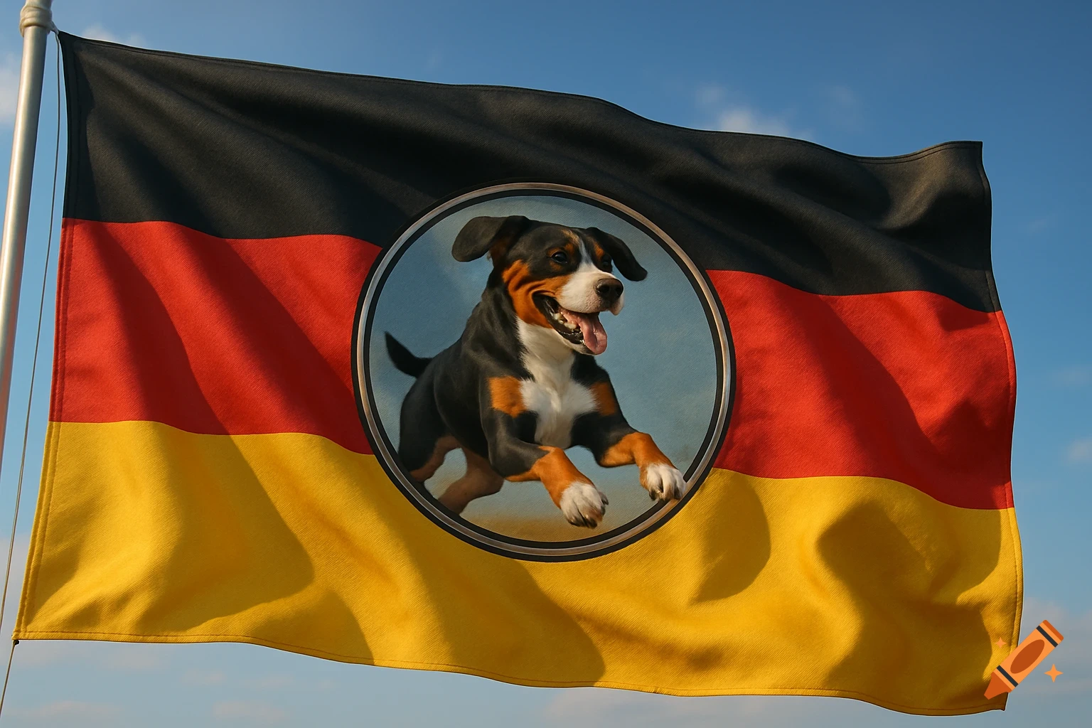 A photorealistic German flag flies against a blue sky, featuring a circular logo of a running Entlebucher Mountain Dog.