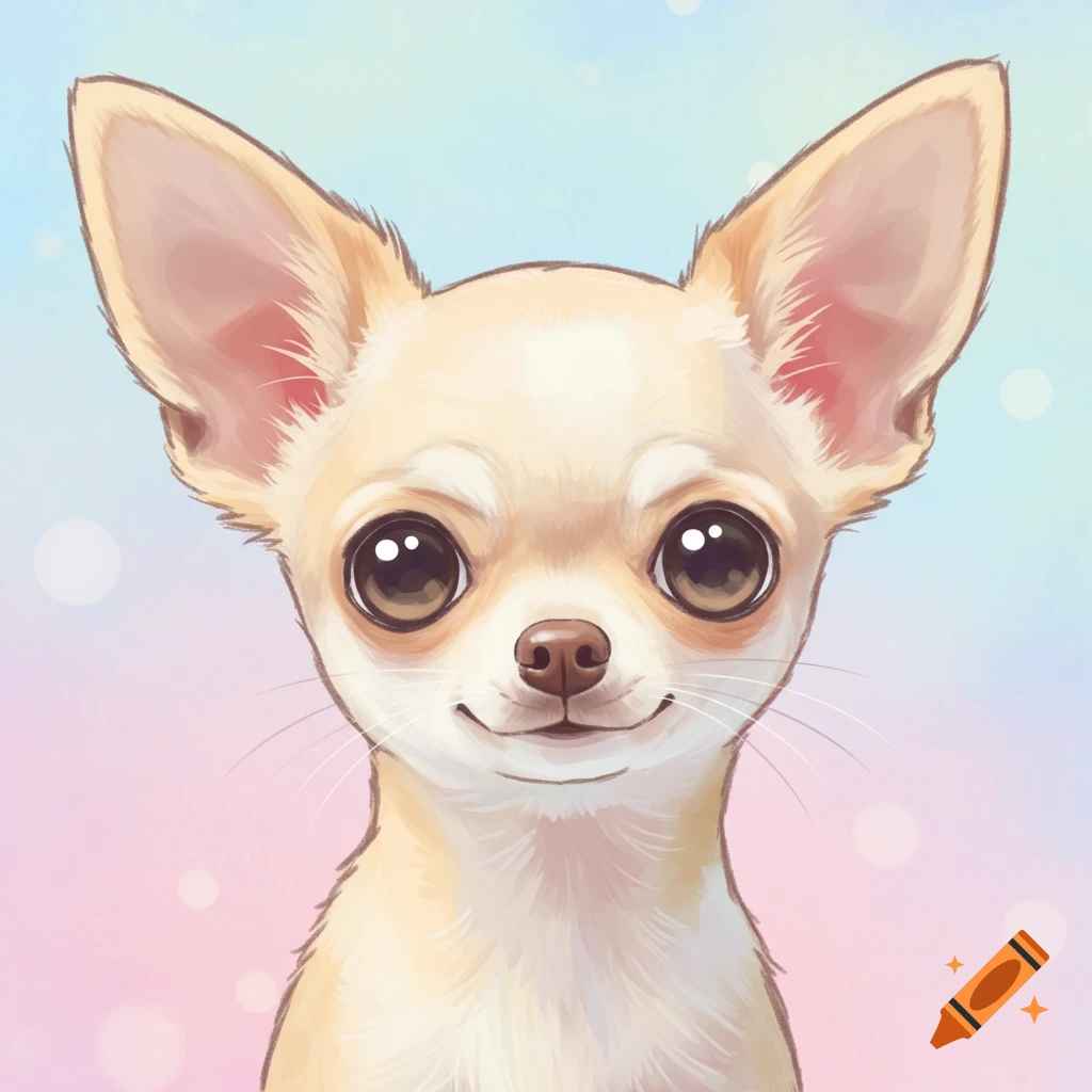 A cartoon illustration of a cute chihuahua's face with big eyes and a small smile, set against a soft pastel background.
