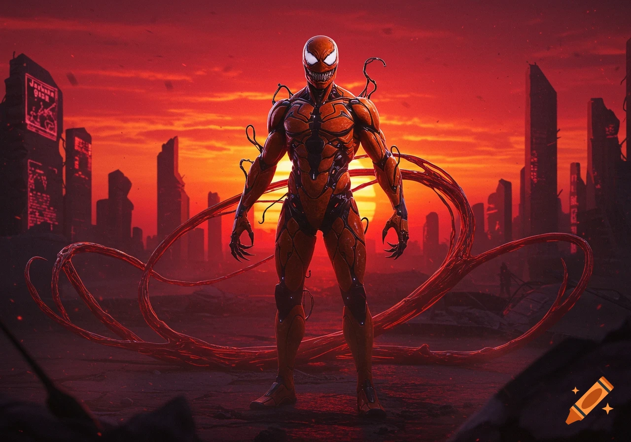 An orange Venom-like symbiote superhero stands in a ruined city under a red sunset, with tendrils extending from its back.