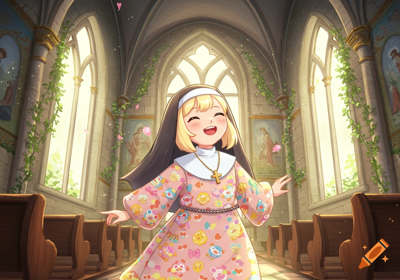 A smiling blonde anime nun with a cartoon-patterned dress in a bright, sunlit church.