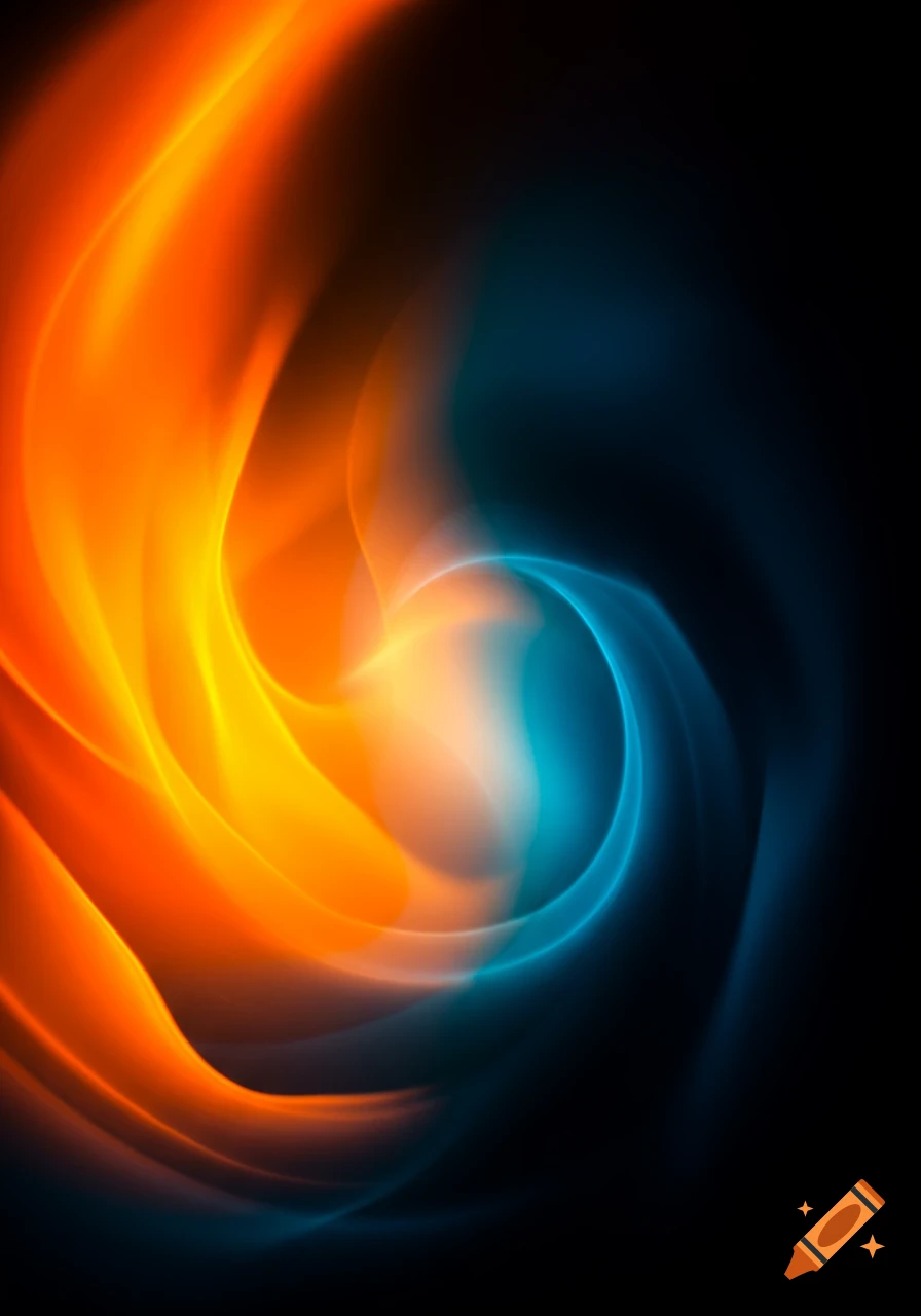 Abstract swirl of glowing orange, yellow, and blue colors against a black background.