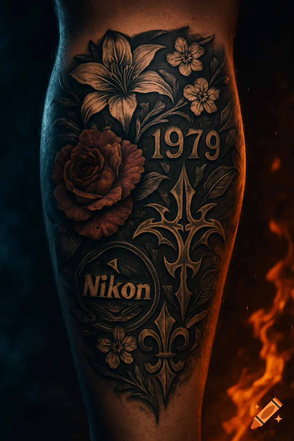 A detailed dark fantasy tattoo on a leg featuring a red rose, lily, other flowers, the year '1979', and 'Nikon', with dramatic lighting.