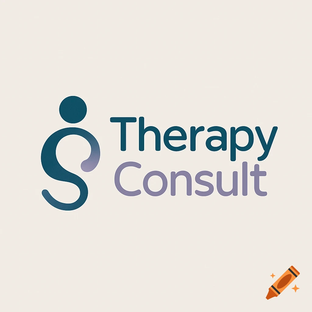 A minimalist logo for 'Therapy Consult' featuring a stylized human figure icon next to the words in teal and purple.