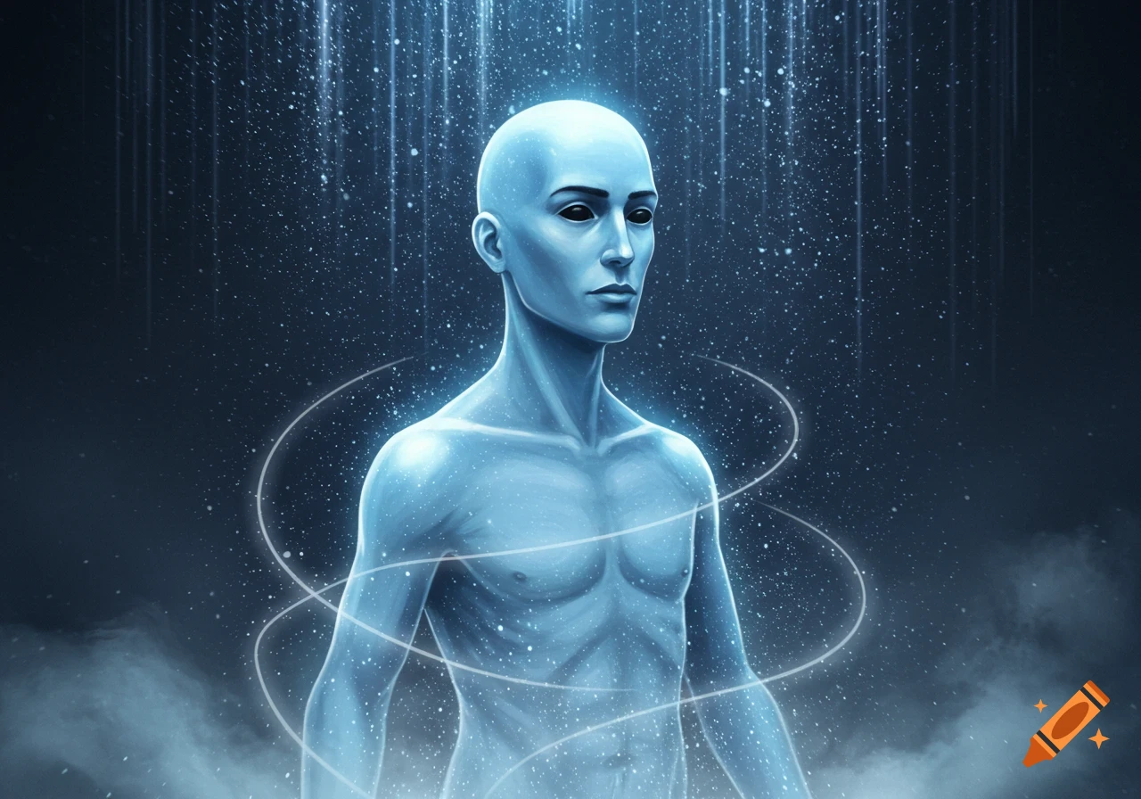 An ethereal blue bald male figure with dark eyes glows amidst swirling light particles and energy rings.