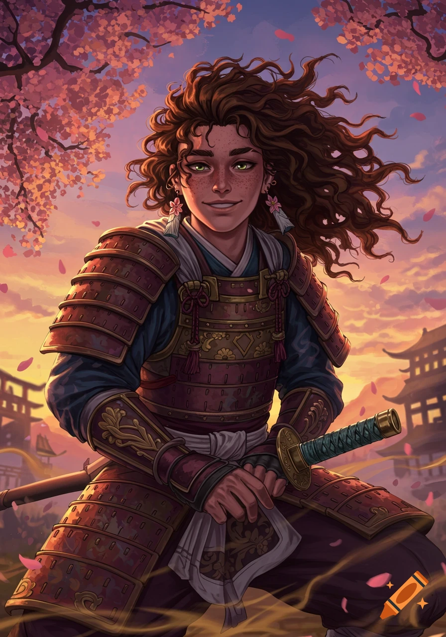A smiling female character with curly brown hair and freckles, wearing samurai armor, stands under a cherry blossom tree at sunset in an anime style.