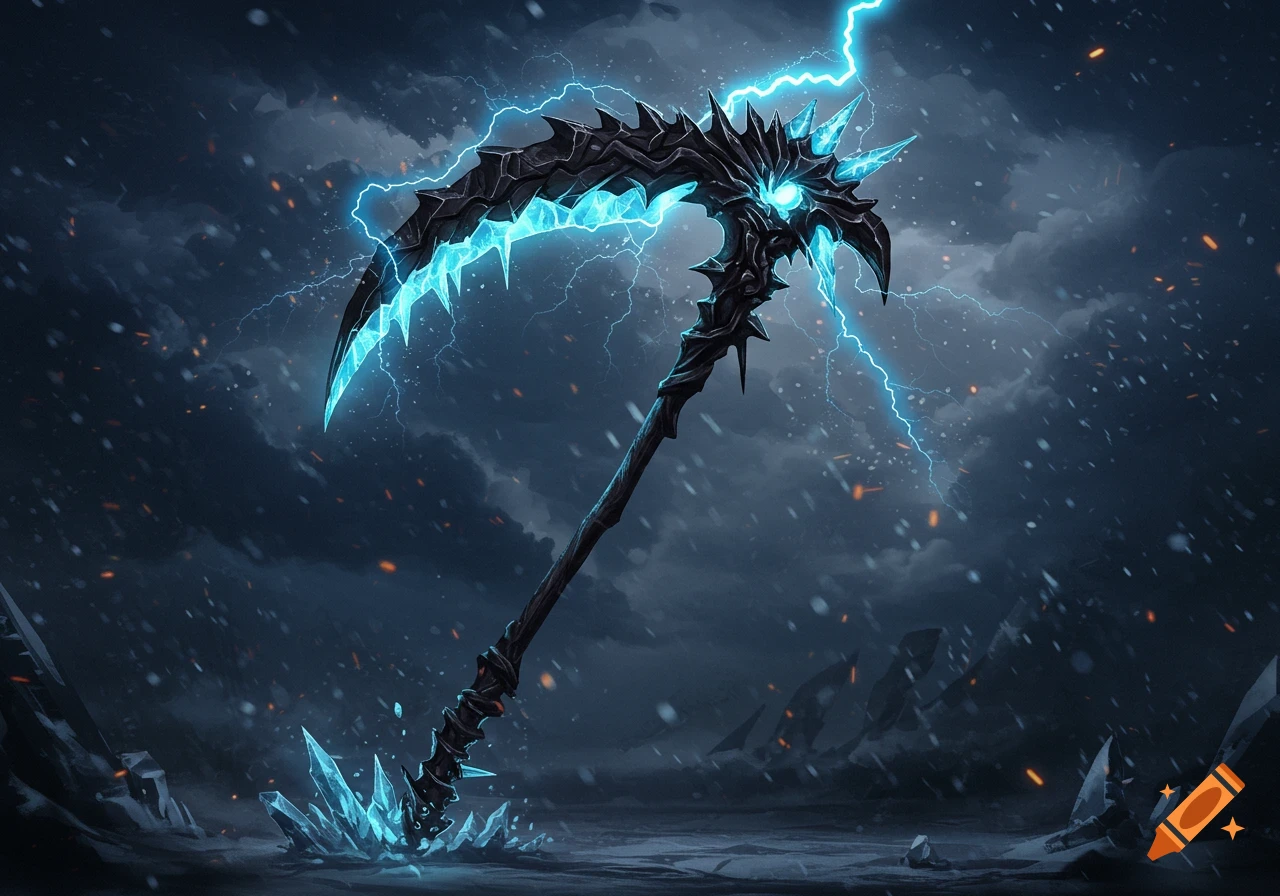 A dark, spiky scythe with glowing blue ice and lightning stands in a stormy, snowy landscape, rendered in a digital art style.