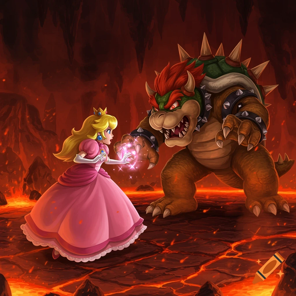 Princess Peach in a pink dress casting a spell, confronting a menacing Bowser in a fiery, lava-filled cavern. Digital art.