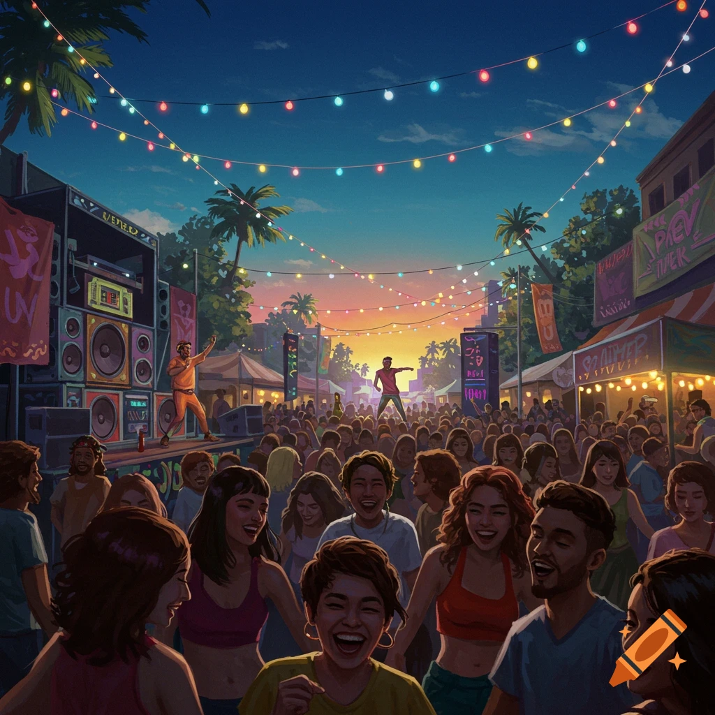 A vibrant, colorful illustration of a lively outdoor night festival with a large crowd, string lights, and performers on stages under a sunset sky.