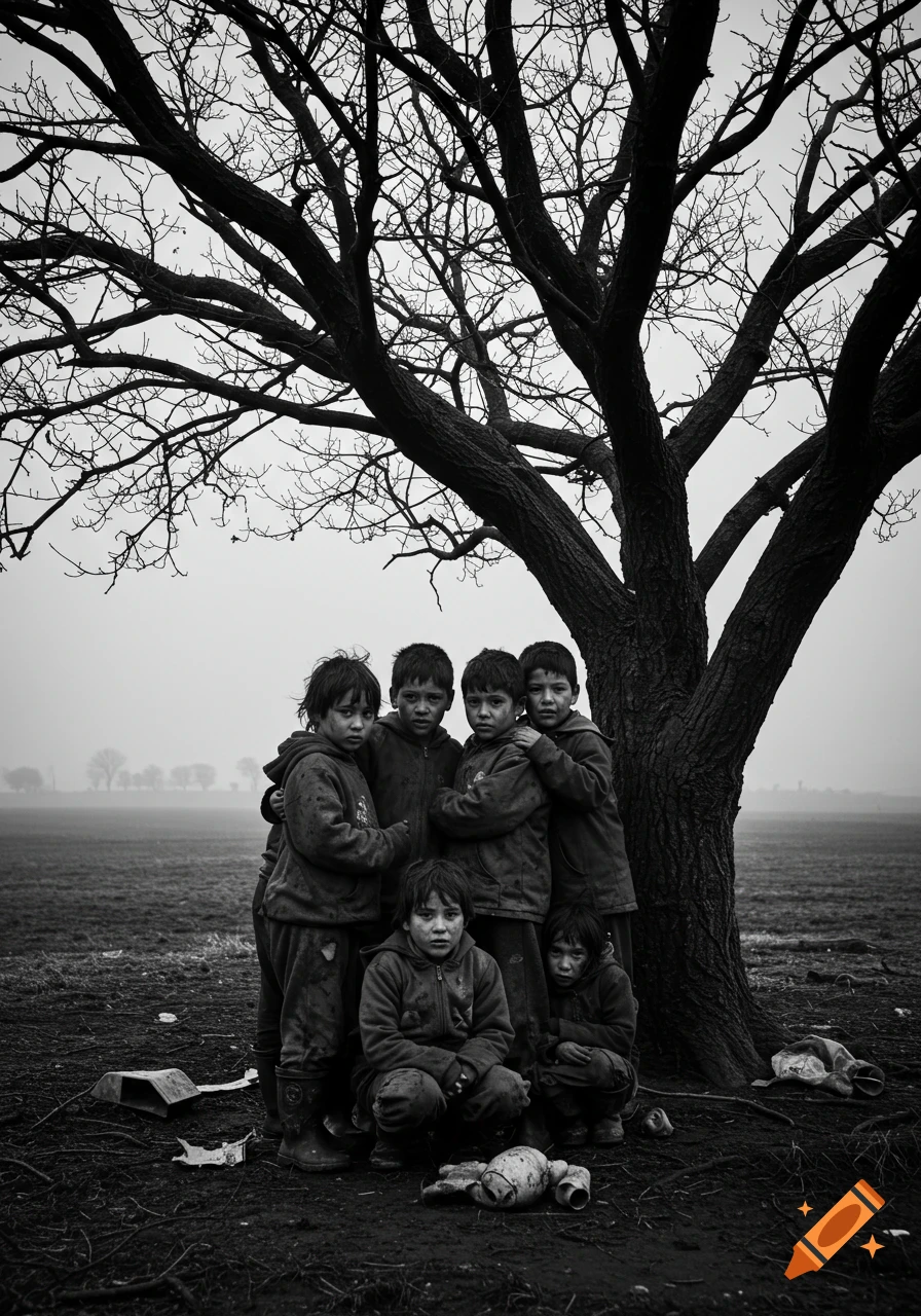 Black and white photo of a group of impoverished children under a bare tree in a desolate, foggy field.