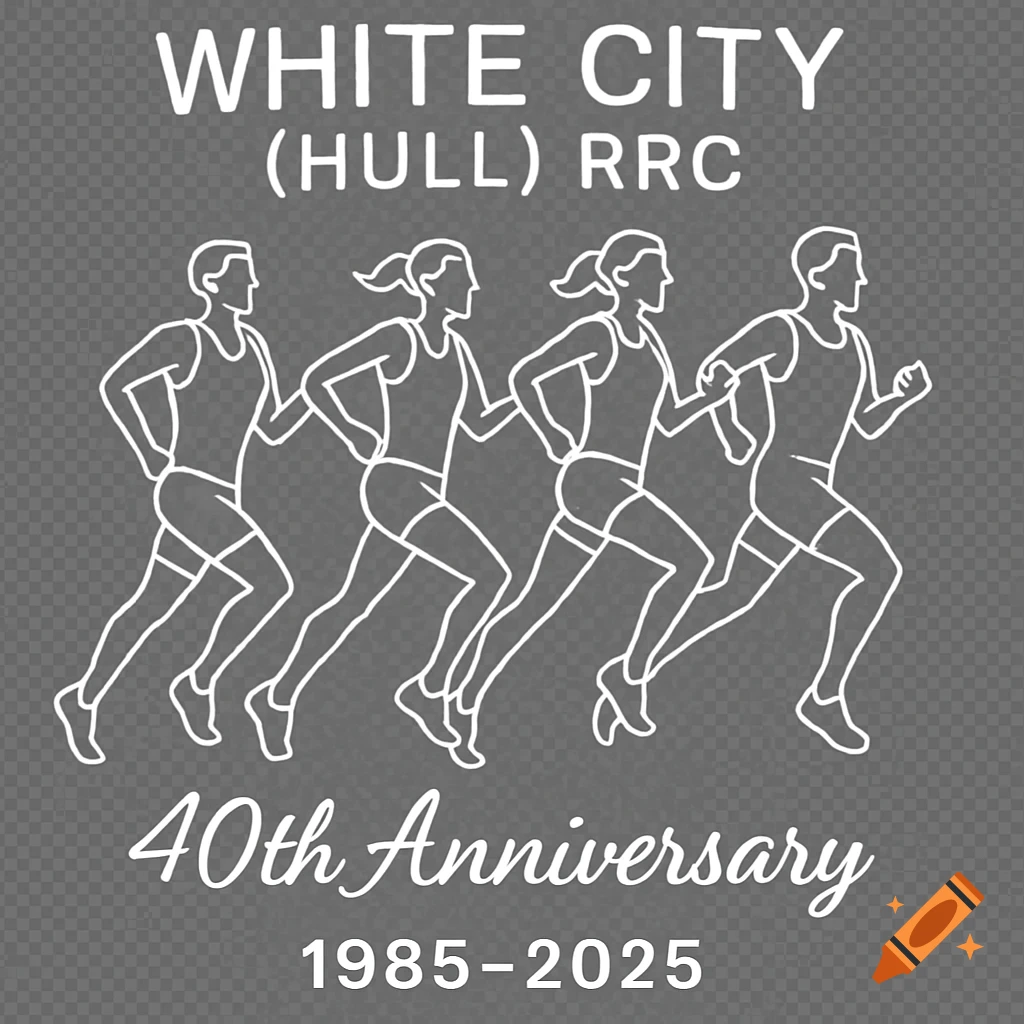 White outline logo of four runners on a dark background with text "WHITE CITY (HULL) RRC", "40th Anniversary", and "1985-2025".