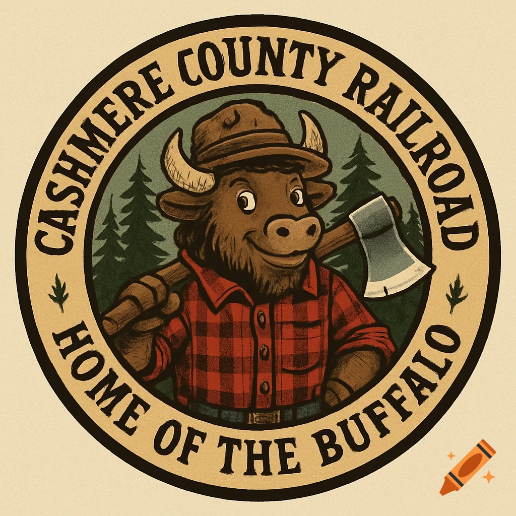 A vintage-style circular logo with a cartoon buffalo in lumberjack attire holding an axe. Pine trees are in the background. Text reads "CASHMERE COUNTY RAILROAD HOME OF THE BUFFALO".