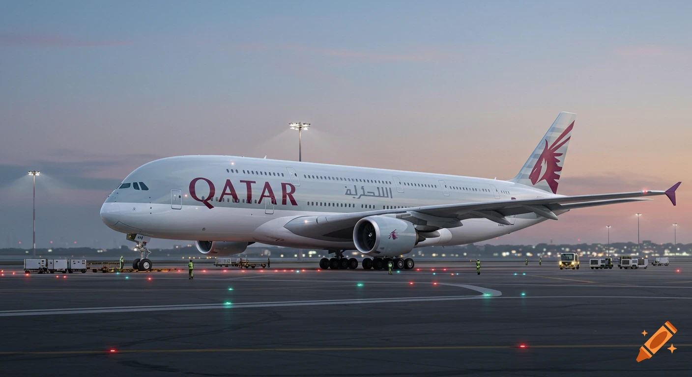 A large Qatar Airways passenger jet is parked on an airport tarmac at dusk, with runway lights visible.