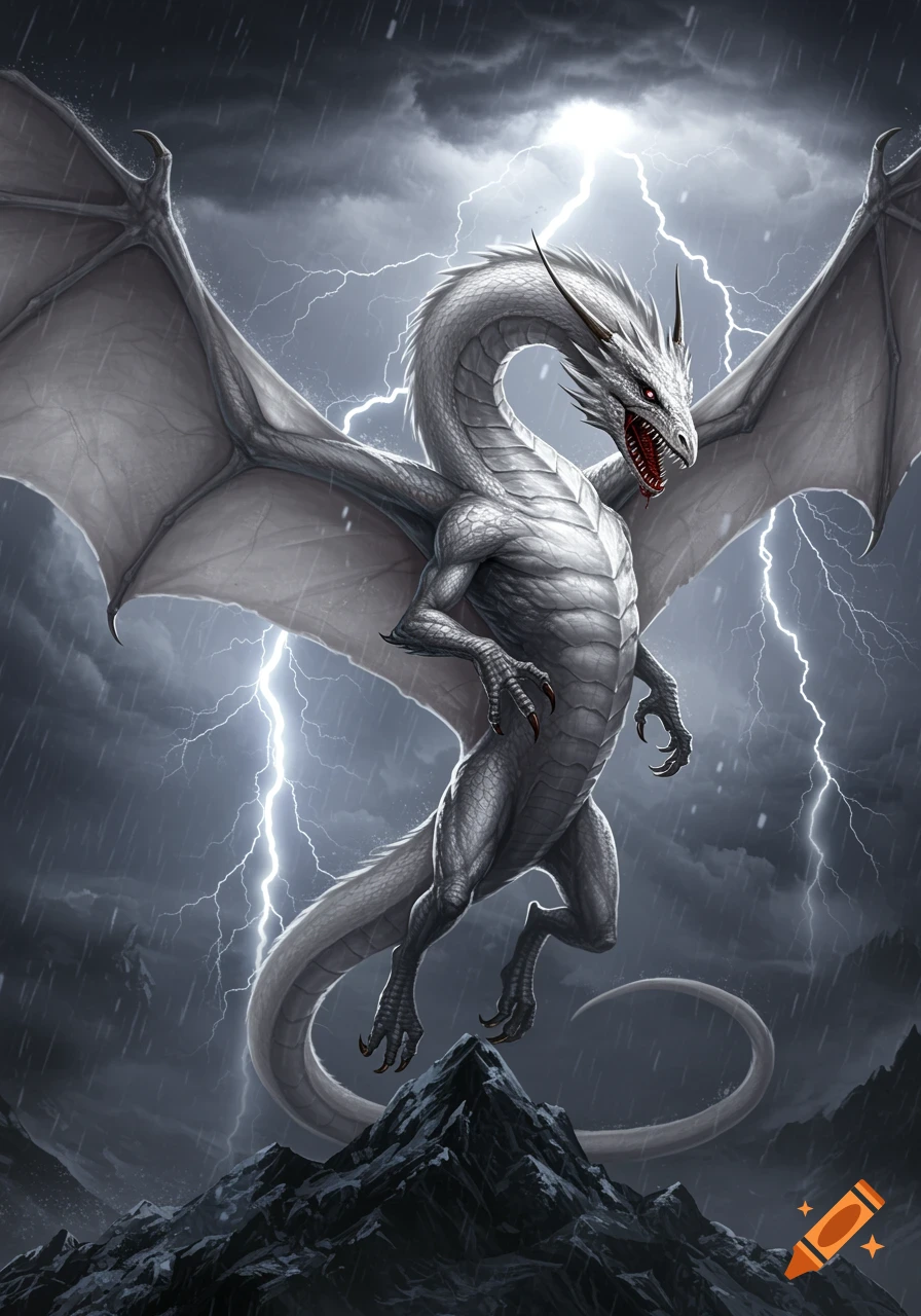 A powerful white dragon with red eyes and sharp teeth hovers above dark mountains under a stormy, lightning-filled sky.