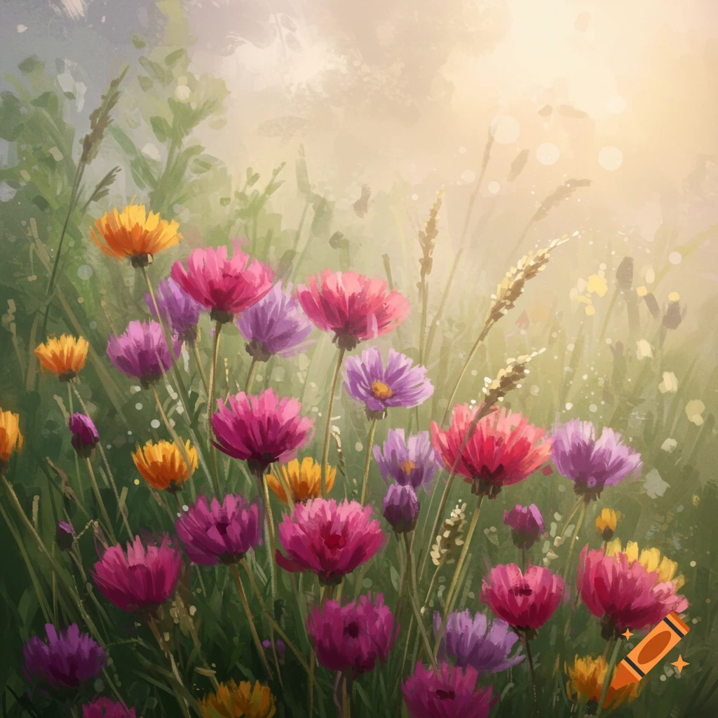 A painterly, blurry image of a field of vibrant pink, purple, and orange wildflowers under a soft, sunlit sky.