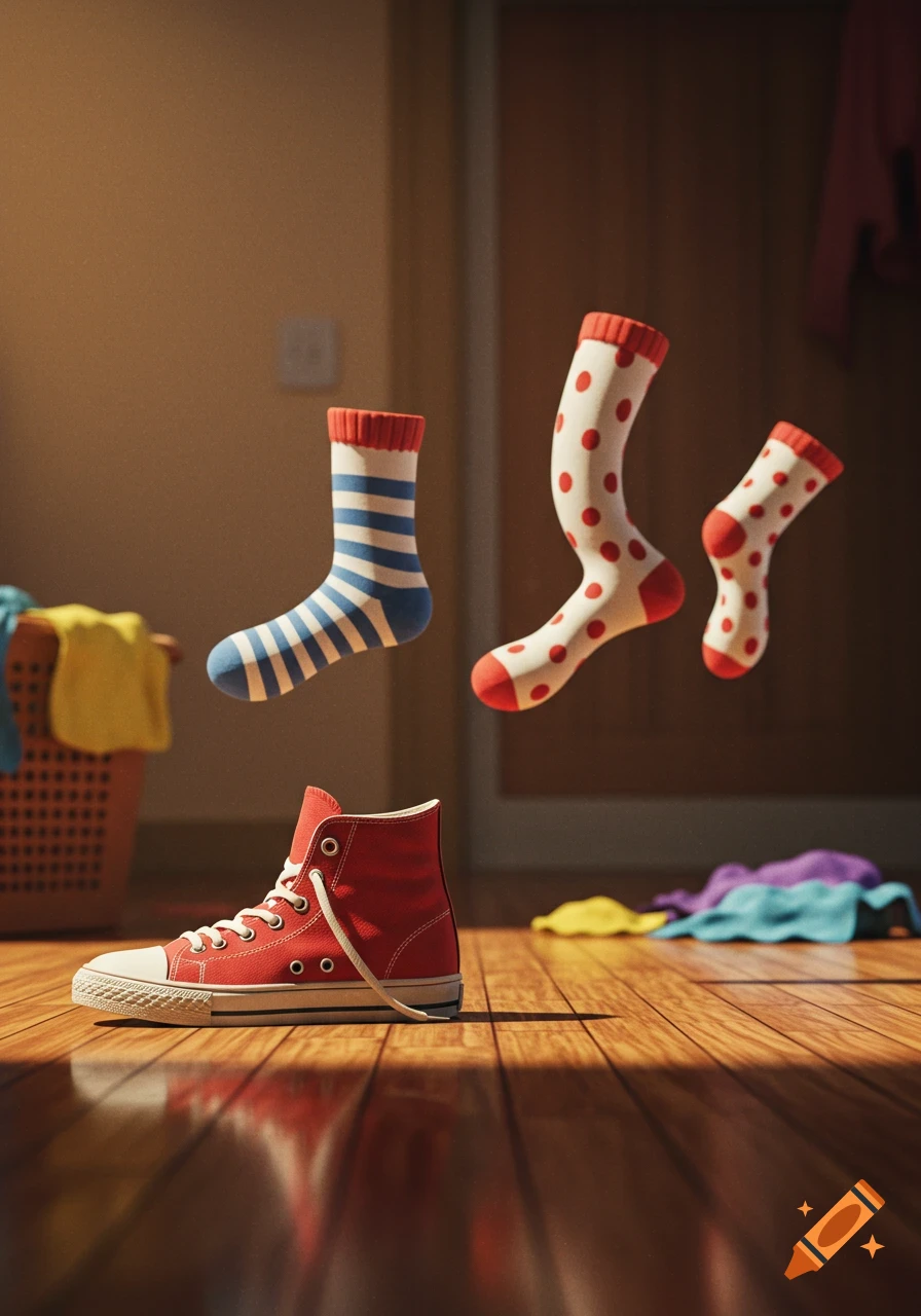 A red high-top sneaker on a wooden floor with floating striped and polka-dot socks above it, next to a laundry basket.