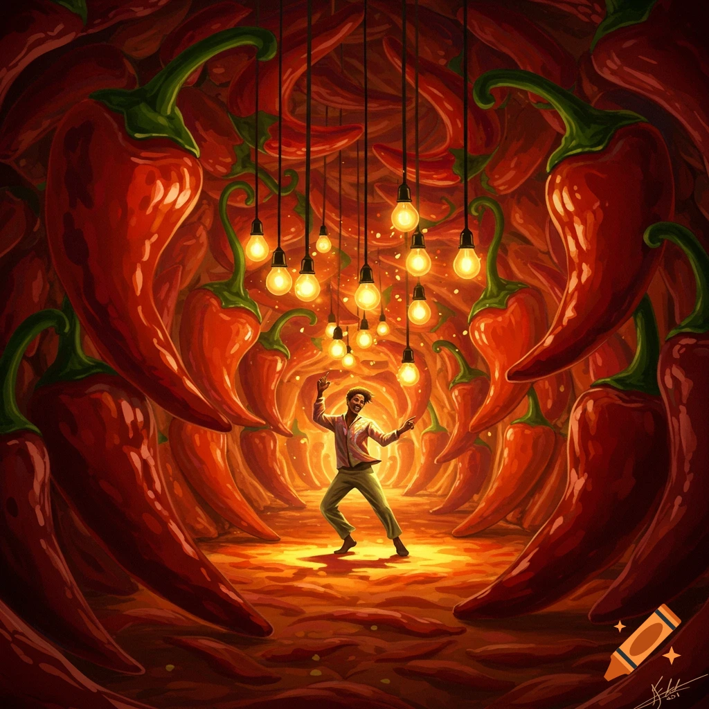 A man dancing on a glowing floor within a vibrant, reddish-orange tunnel formed by giant chili peppers, illuminated by hanging light bulbs.