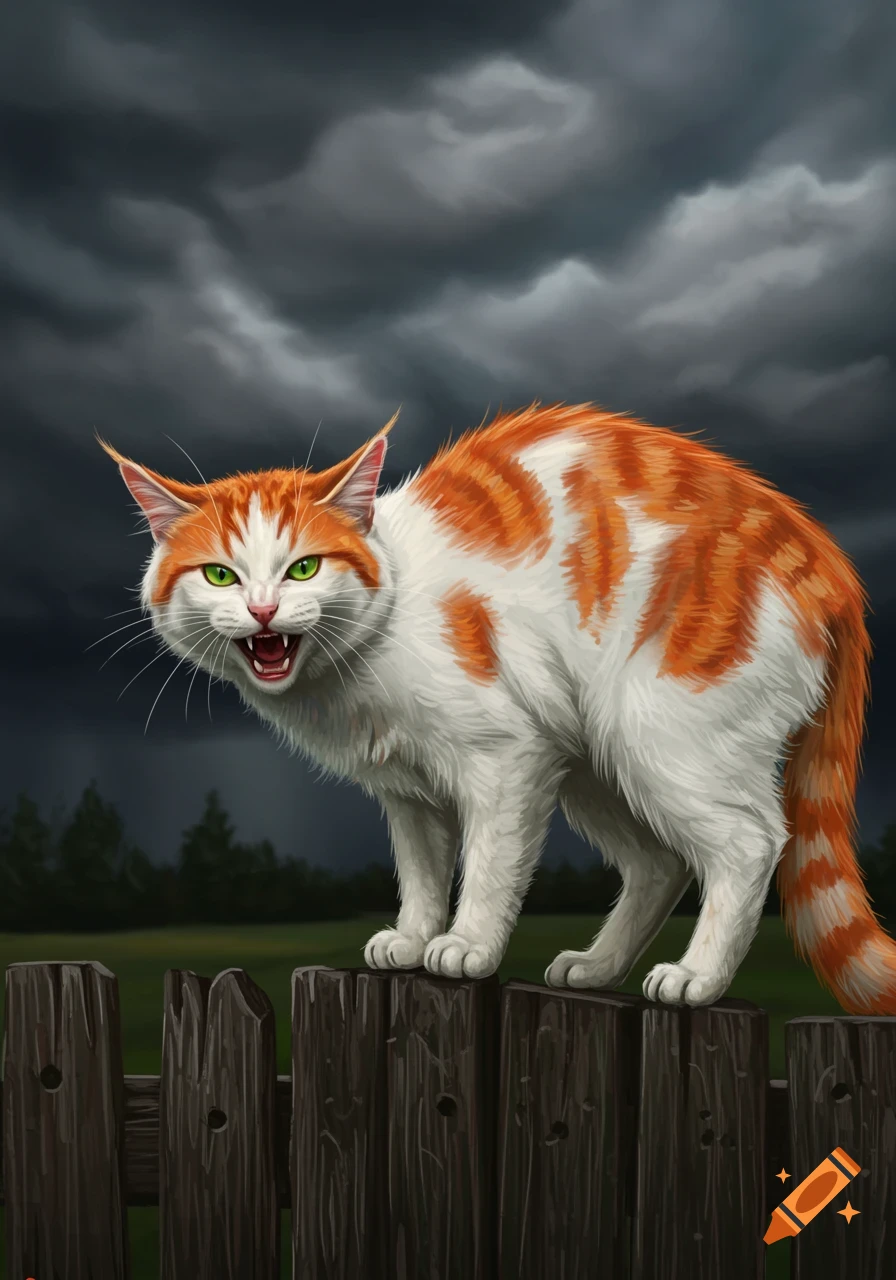 An angry white and orange tabby cat with green eyes hisses from atop a weathered wooden fence under a stormy, dark sky.