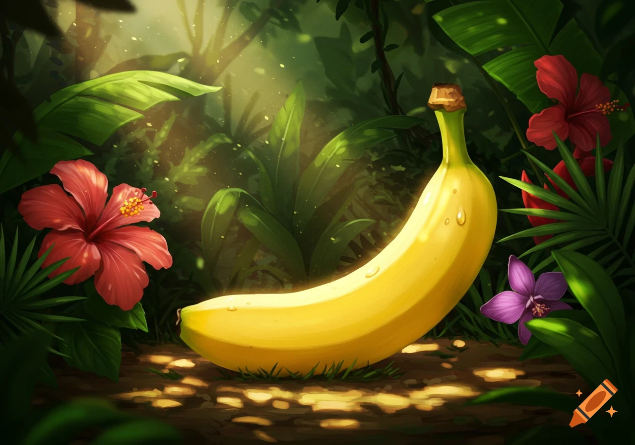 A vibrant yellow banana lies on a jungle floor, surrounded by lush green foliage, red hibiscus, and a purple orchid, with sunlight filtering through.