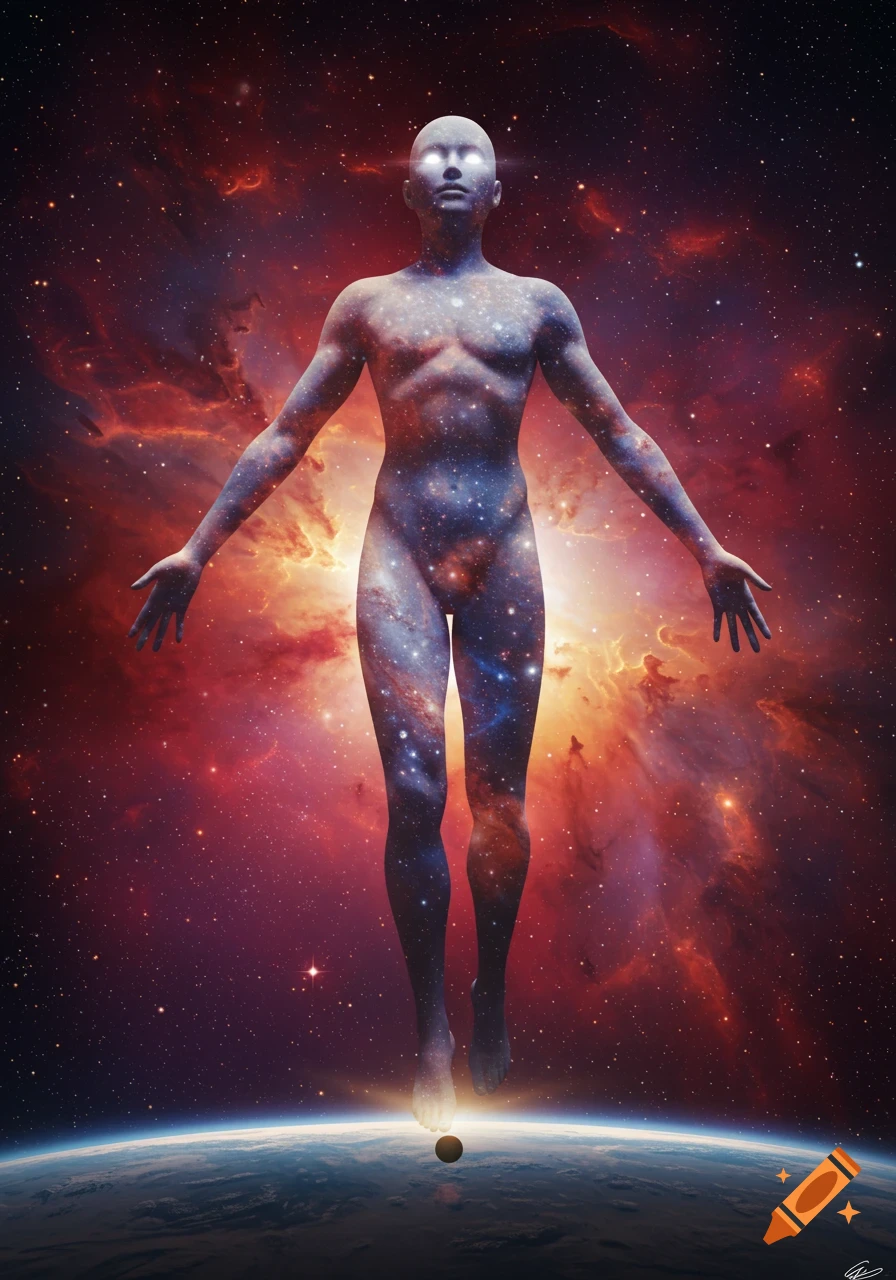 A glowing, human-like figure made of stars and galaxies floats above Earth with a small orb below its feet, set against a vibrant cosmic nebula.