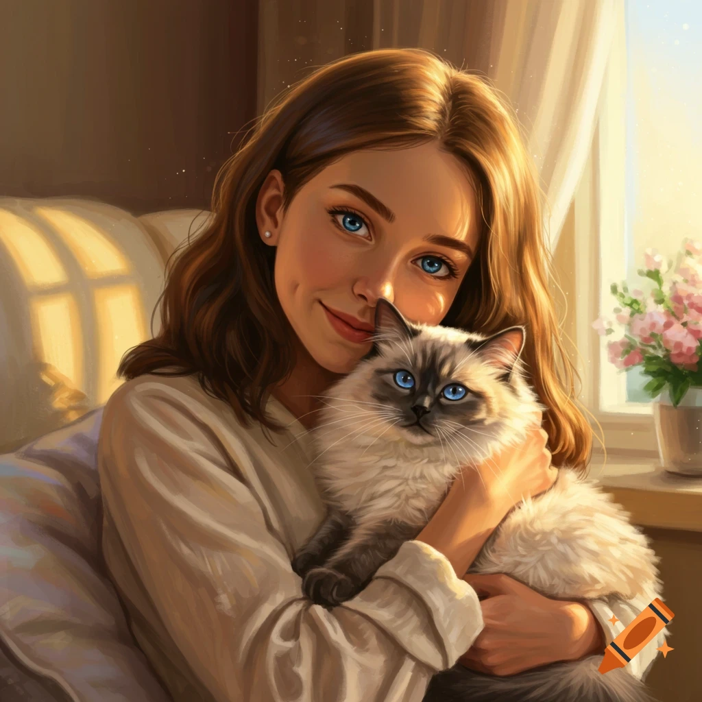 A smiling young woman with brown hair and blue eyes holds a ragdoll cat with blue eyes in a warm, sunlit room.